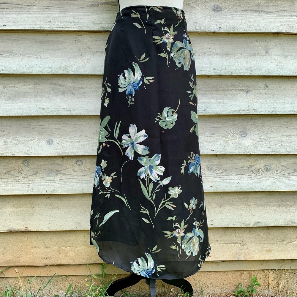 Vintage 90s Black Floral Print Elastic High Waist Sheer Ankle Length Midi Skirt